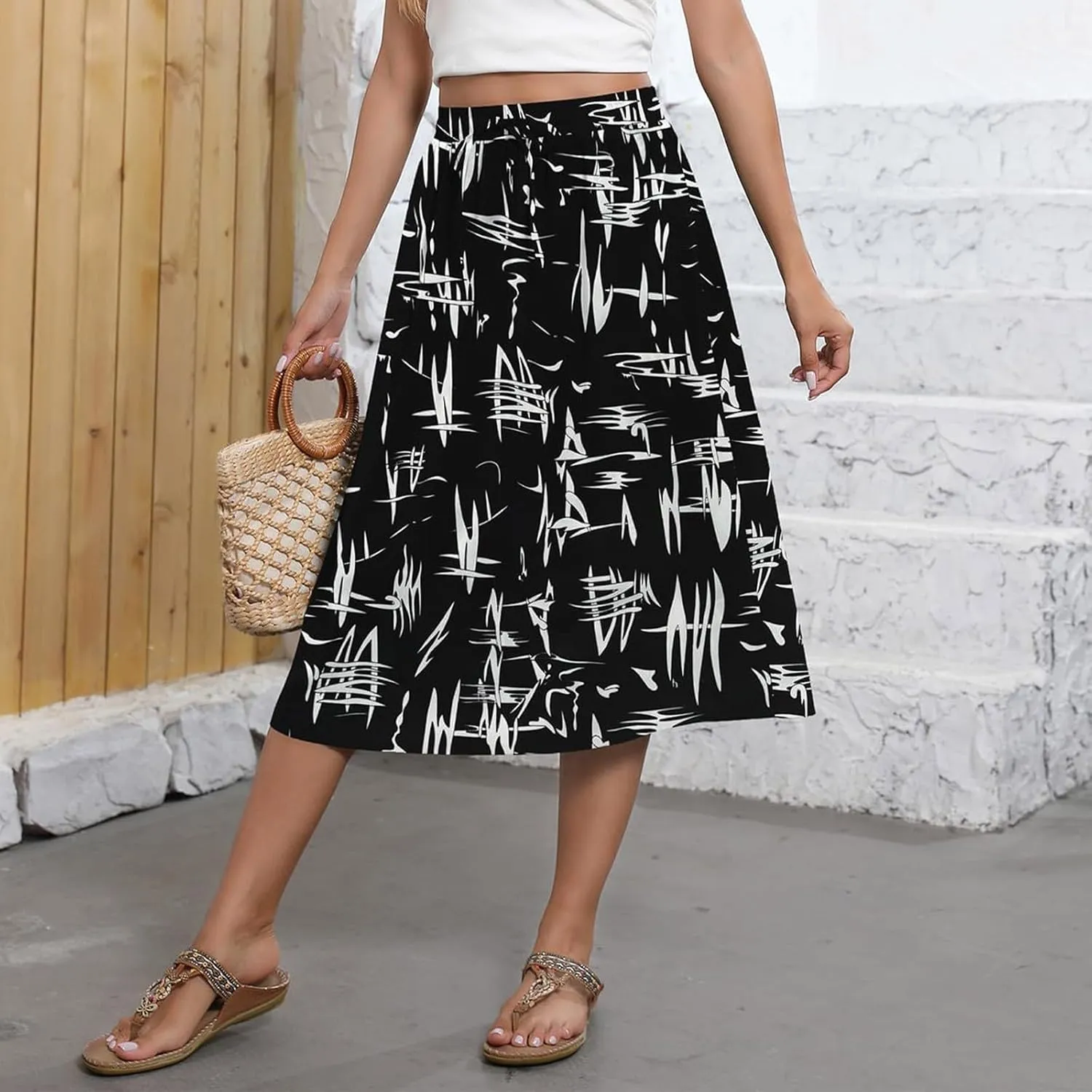 Casual Summer Skirts for Women Floral Midi Skirts Drawstring Elastic Waist Knee Length Skirt A Line Skirt with Pocket