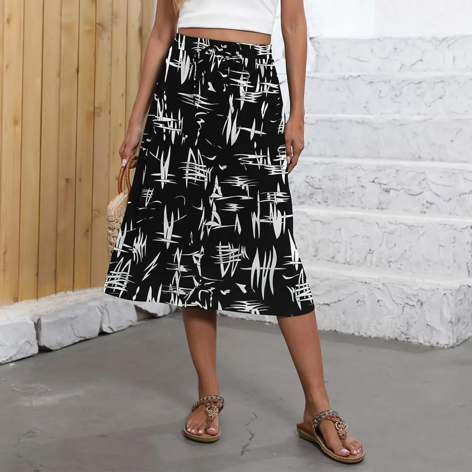 Casual Summer Skirts for Women Floral Midi Skirts Drawstring Elastic Waist Knee Length Skirt A Line Skirt with Pocket