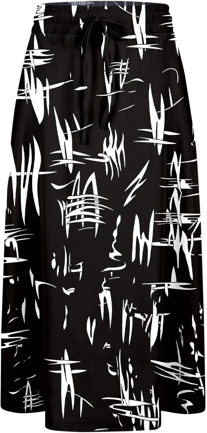 Casual Summer Skirts for Women Floral Midi Skirts Drawstring Elastic Waist Knee Length Skirt A Line Skirt with Pocket