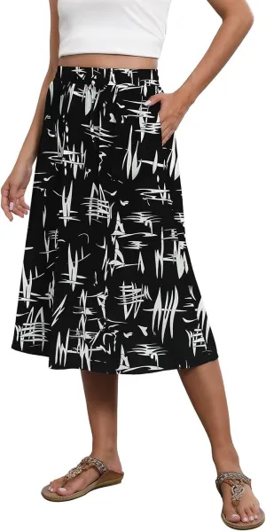 Casual Summer Skirts for Women Floral Midi Skirts Drawstring Elastic Waist Knee Length Skirt A Line Skirt with Pocket