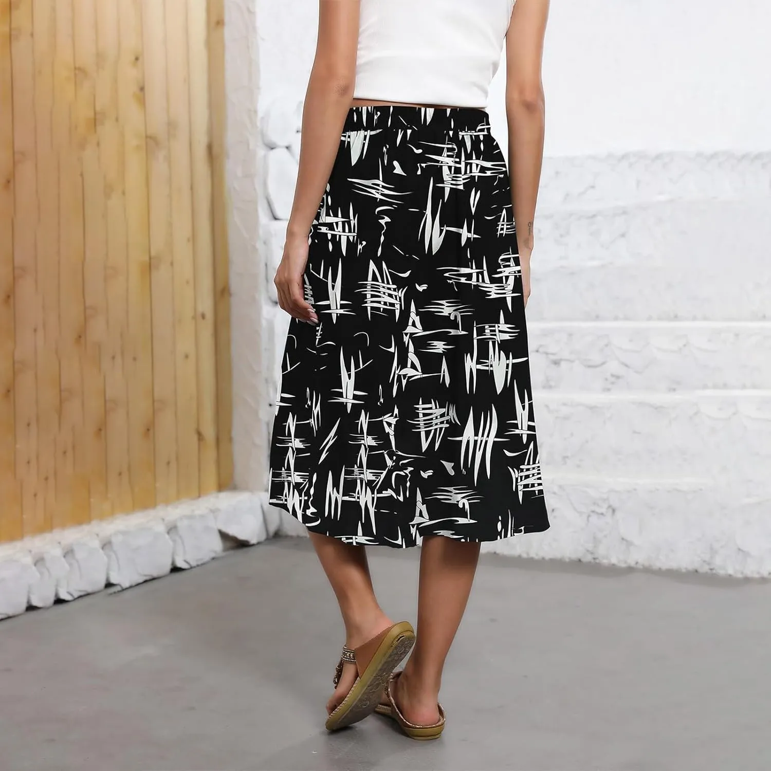 Casual Summer Skirts for Women Floral Midi Skirts Drawstring Elastic Waist Knee Length Skirt A Line Skirt with Pocket