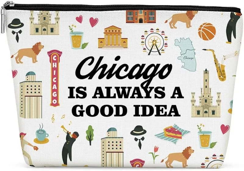 Chicago Gifts Makeup Bag, Chicago Souvenir Chicago Lovers Gift Funny Chicago Travel Vacation Cosmetic Bag for Women Friend Sister Mom Girls trip Birthday Christmas Bachelorette Party Friendship Gifts