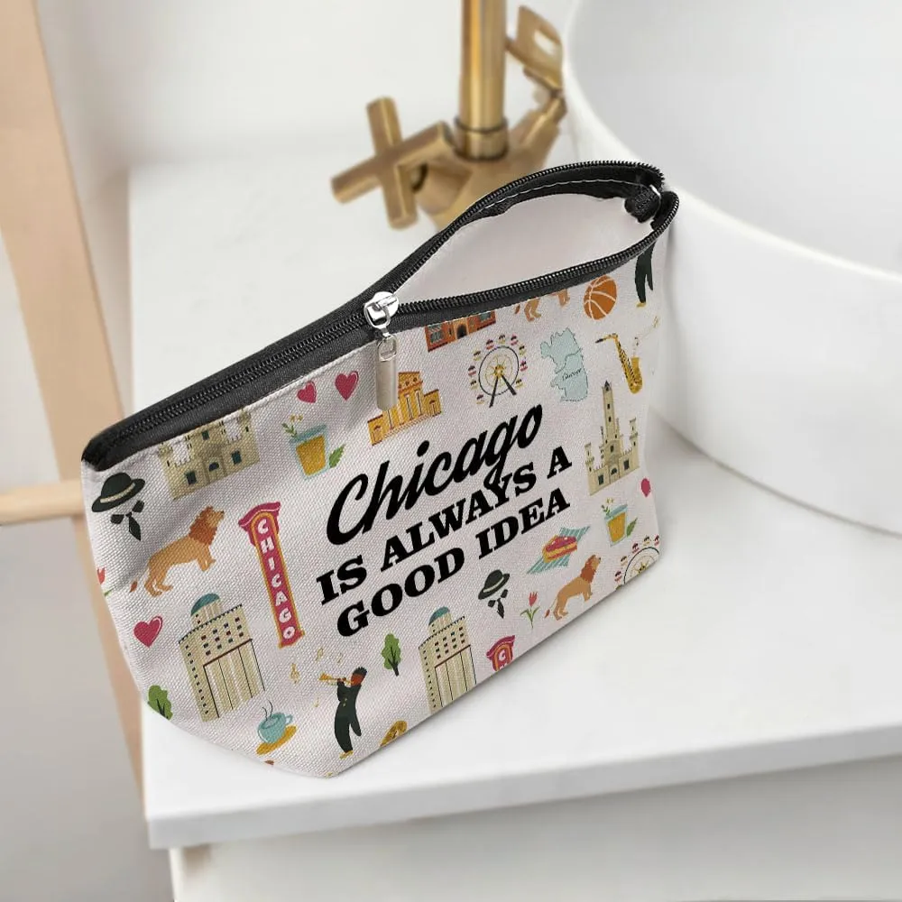 Chicago Gifts Makeup Bag, Chicago Souvenir Chicago Lovers Gift Funny Chicago Travel Vacation Cosmetic Bag for Women Friend Sister Mom Girls trip Birthday Christmas Bachelorette Party Friendship Gifts