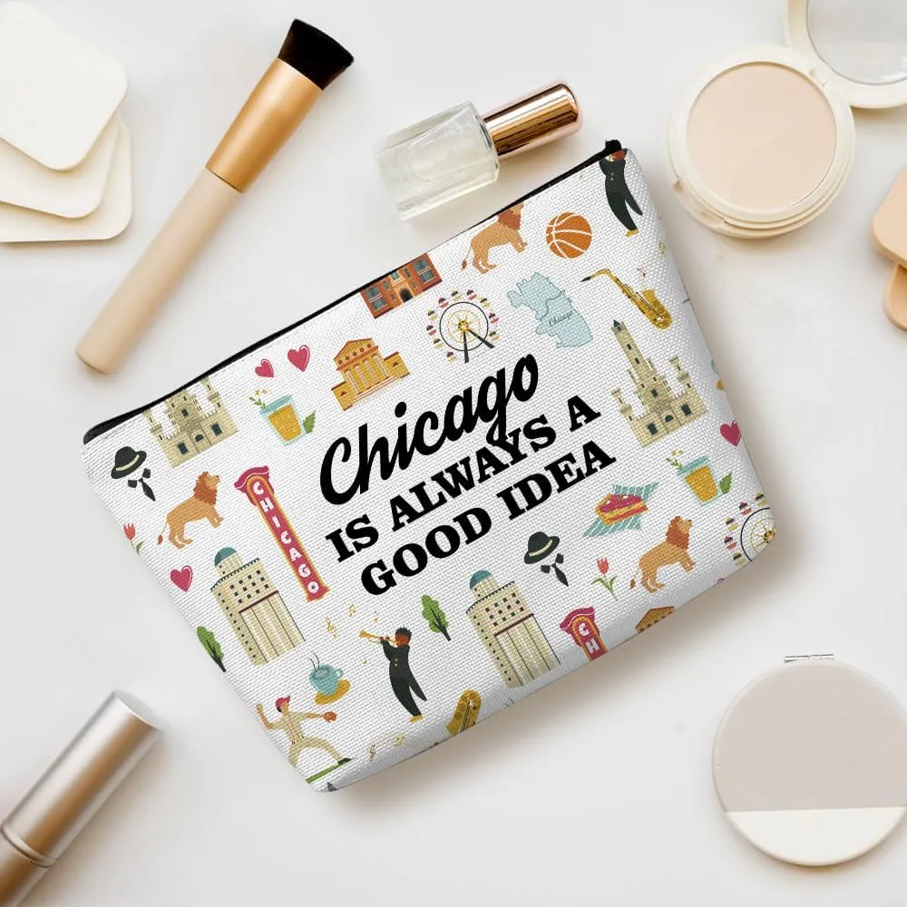 Chicago Gifts Makeup Bag, Chicago Souvenir Chicago Lovers Gift Funny Chicago Travel Vacation Cosmetic Bag for Women Friend Sister Mom Girls trip Birthday Christmas Bachelorette Party Friendship Gifts