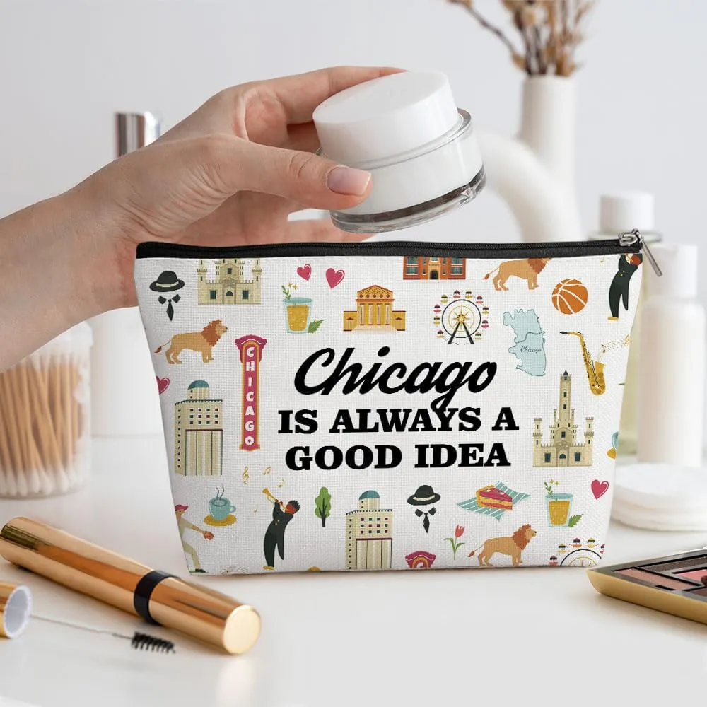Chicago Gifts Makeup Bag, Chicago Souvenir Chicago Lovers Gift Funny Chicago Travel Vacation Cosmetic Bag for Women Friend Sister Mom Girls trip Birthday Christmas Bachelorette Party Friendship Gifts