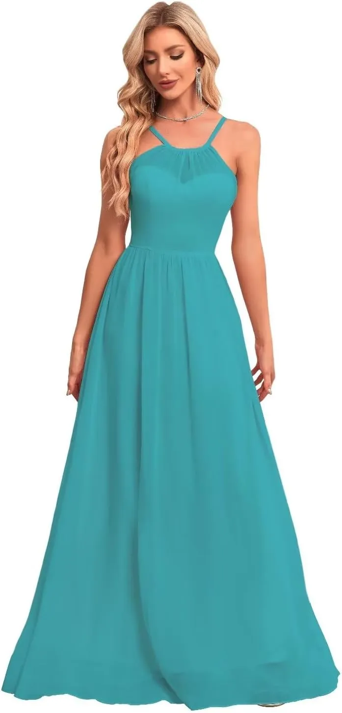 Chiffon Bridesmaid Dresses Long Crew Neck Prom Dresses A Line Formal Party Gowns with Pockets UU35