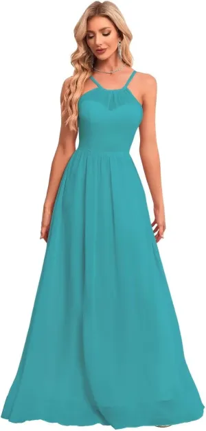 Chiffon Bridesmaid Dresses Long Crew Neck Prom Dresses A Line Formal Party Gowns with Pockets UU35