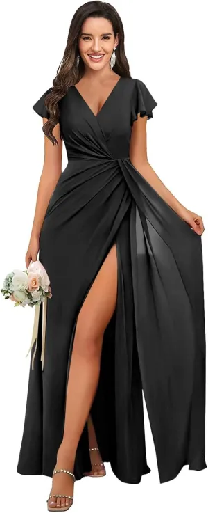 Chiffon Bridesmaid Dresses with Ruffle Sleeves Slit Long V Neck Formal Wedding Evening Gowns for Women