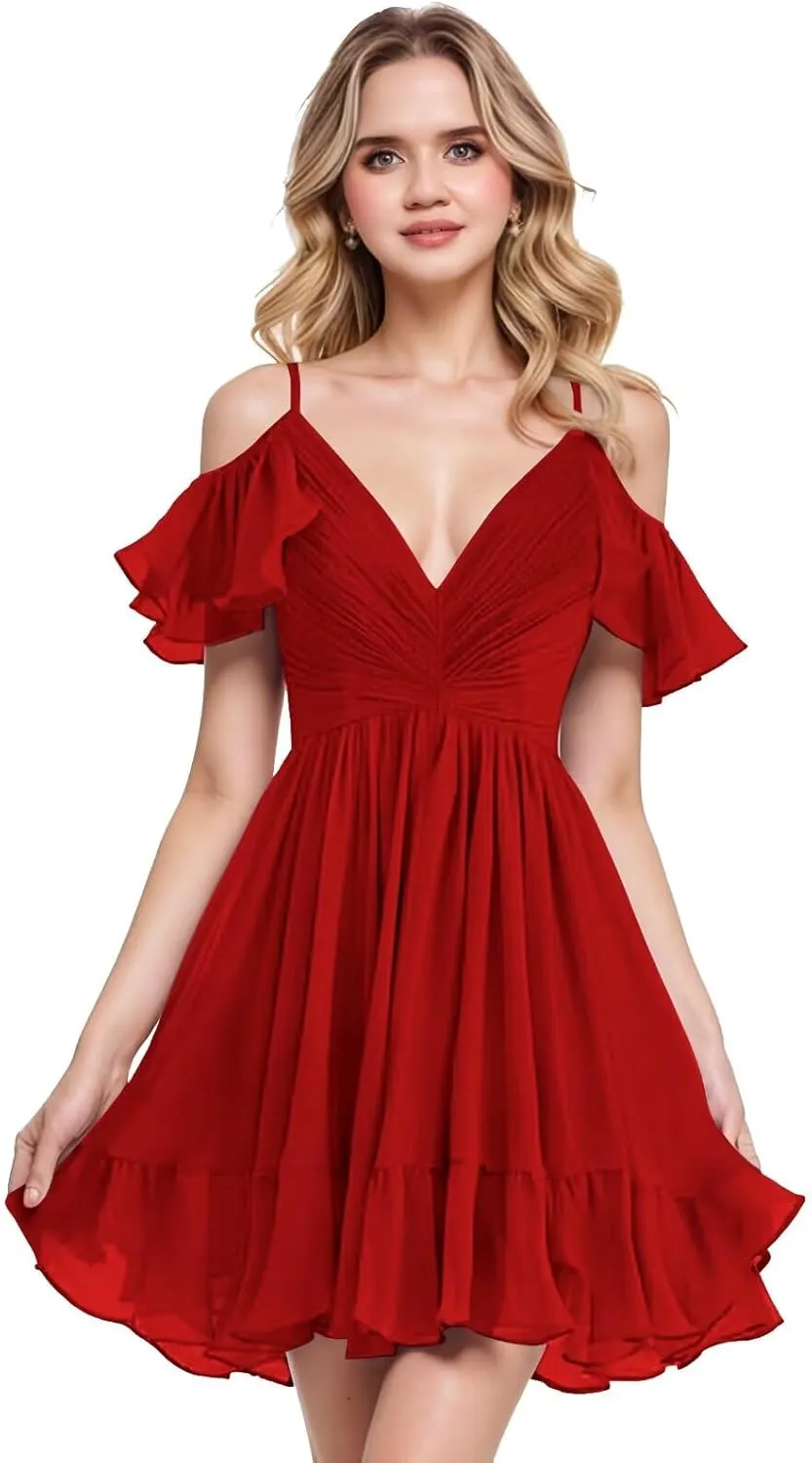 Chiffon Off Shoulder Bridesmaid Dresses 2025 Short Pleated A Line V Neck Ruffles Formal Evening Gown with Pockets