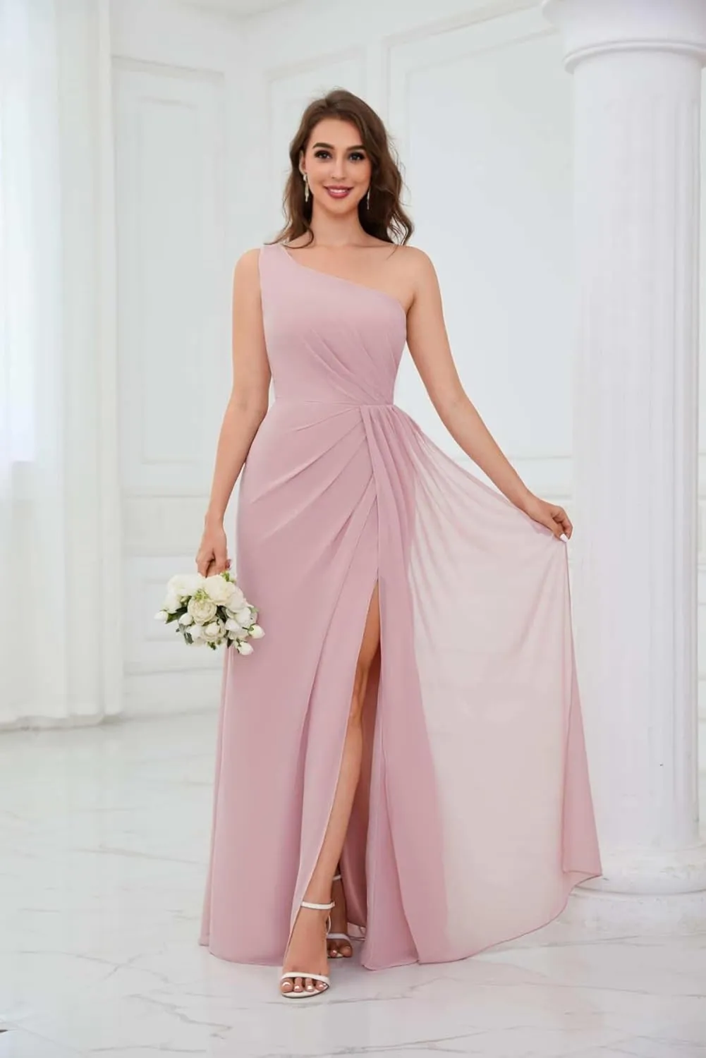 Chiffon One Shoulder Bridesmaid Dresses for Women Long Ruched A Line Formal Evening Dress Wedding Party Dresses