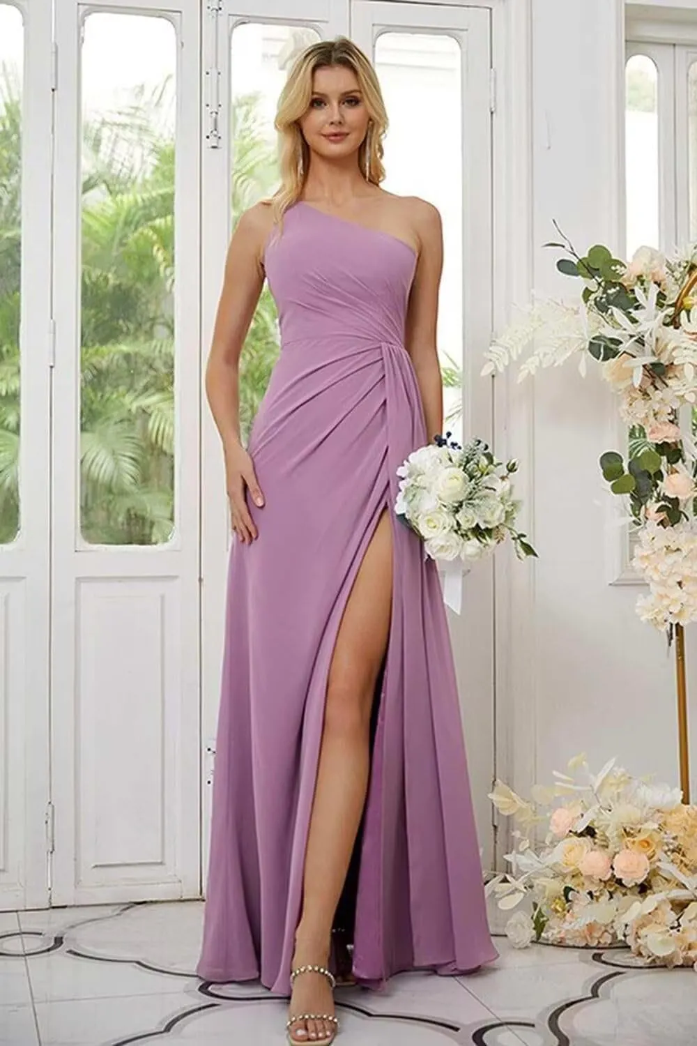 Chiffon One Shoulder Bridesmaid Dresses for Women Long Ruched A Line Formal Evening Dress Wedding Party Dresses
