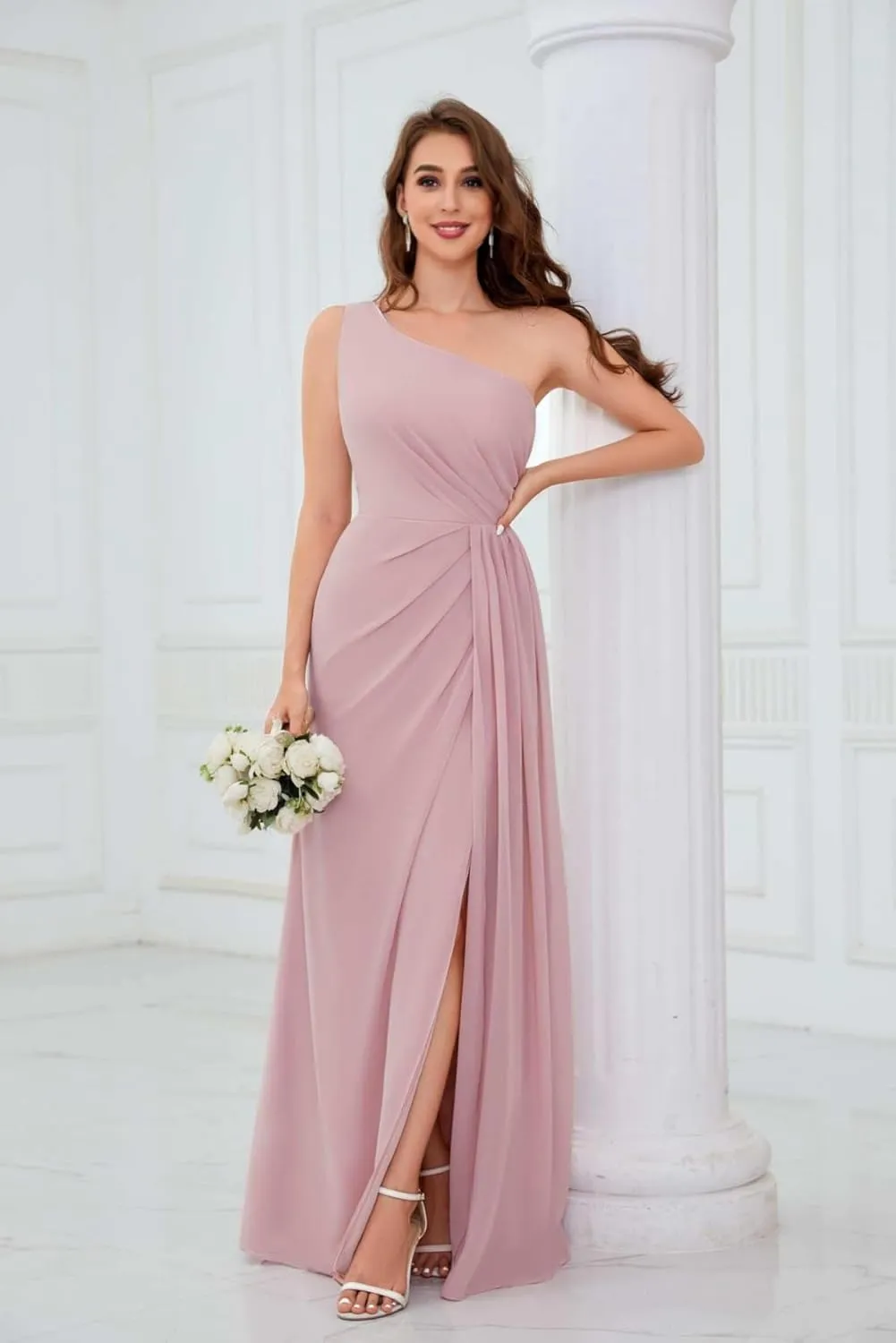 Chiffon One Shoulder Bridesmaid Dresses for Women Long Ruched A Line Formal Evening Dress Wedding Party Dresses