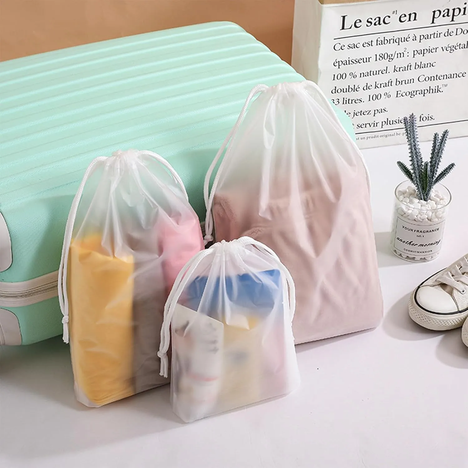 Clear PEVA Drawstring Bags - 10"x14" / 25x35cm (25 Pcs) - Waterproof Travel & Storage Pouches for Clothes, Shoes, Toiletries