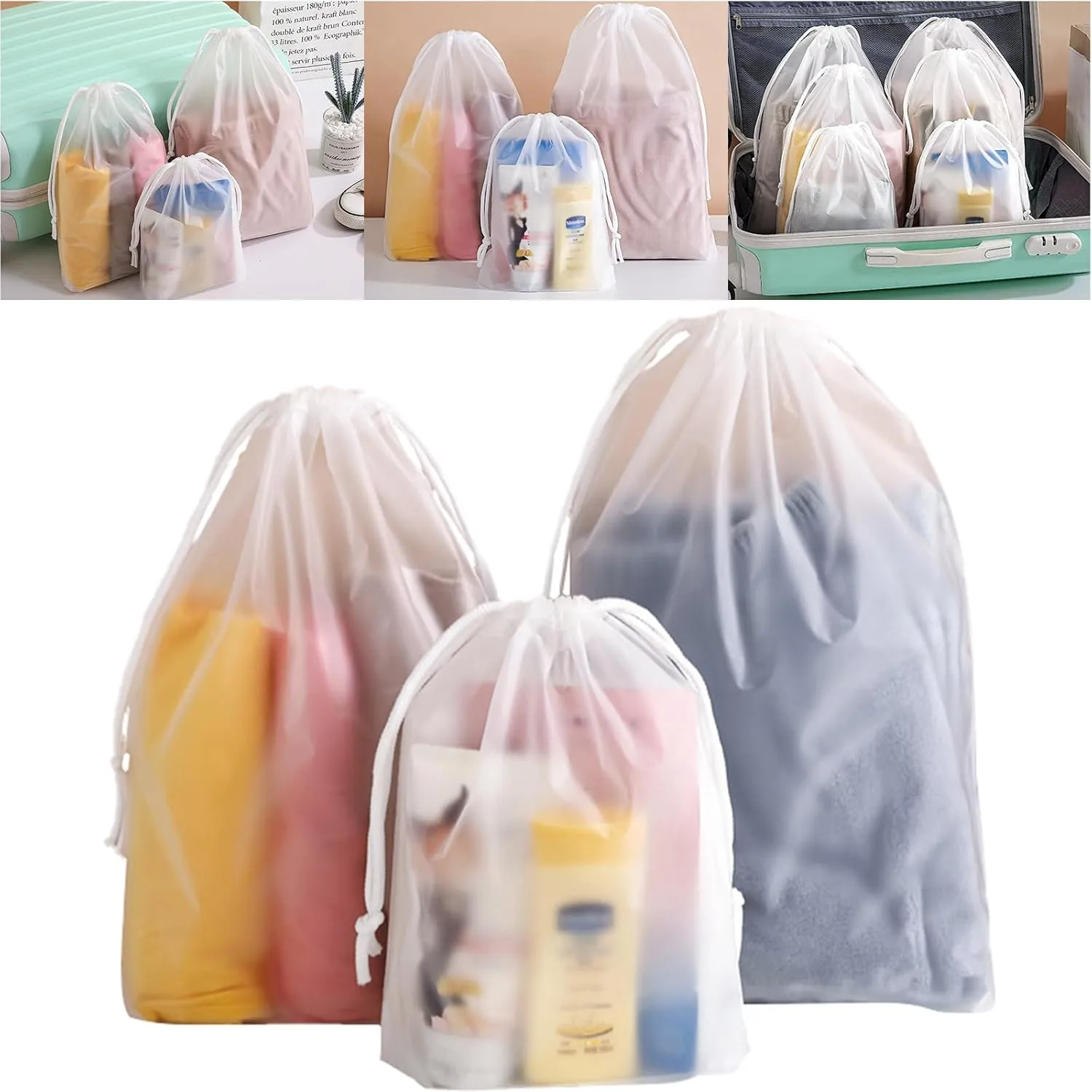 Clear PEVA Drawstring Bags - 10"x14" / 25x35cm (25 Pcs) - Waterproof Travel & Storage Pouches for Clothes, Shoes, Toiletries
