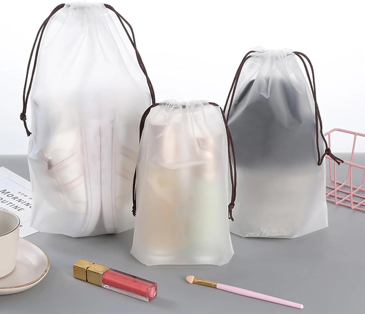 Clear PEVA Drawstring Bags - 10"x14" / 25x35cm (25 Pcs) - Waterproof Travel & Storage Pouches for Clothes, Shoes, Toiletries