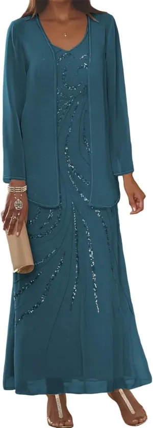 Clothfun Womens 2 Pieces Mother of The Bride Dresses with Jacket Chiffon Long Evening Dress for Formal Party Teal Size 16
