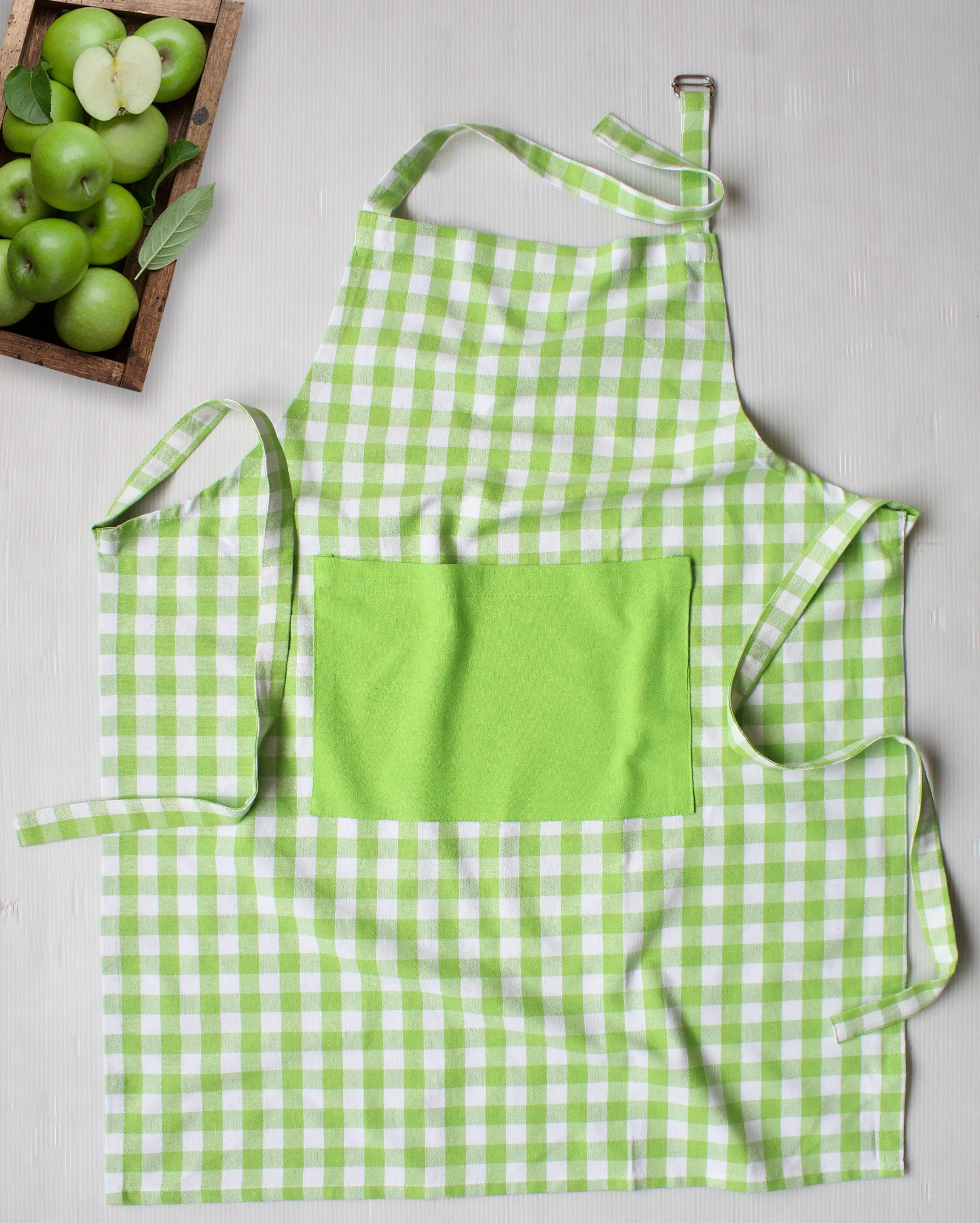 Cotton Gingham Check Green With Solid Pocket Free Size Apron Pack Of 1