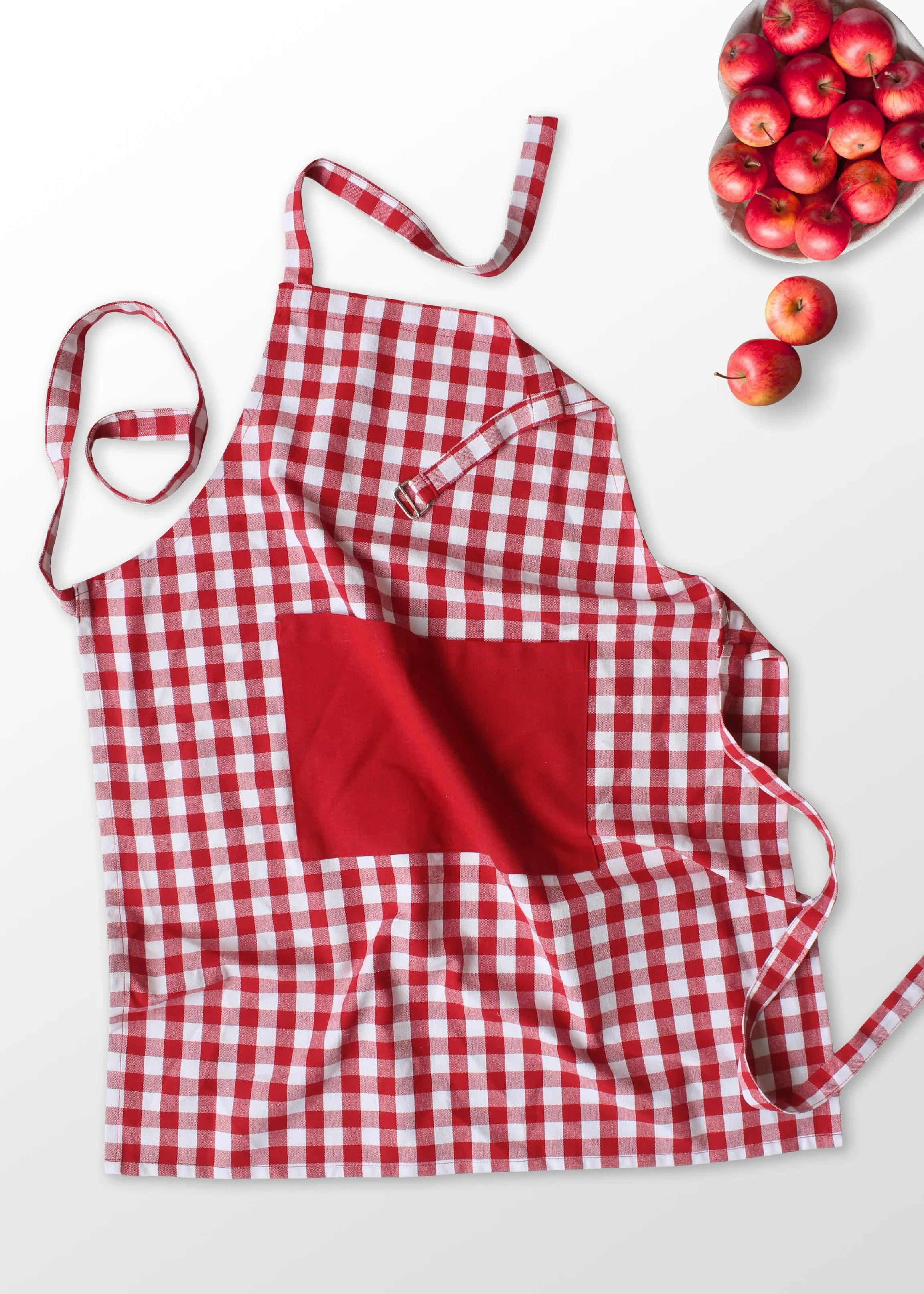 Cotton Gingham Check Red With Solid Pocket Free Size Apron Pack Of 1