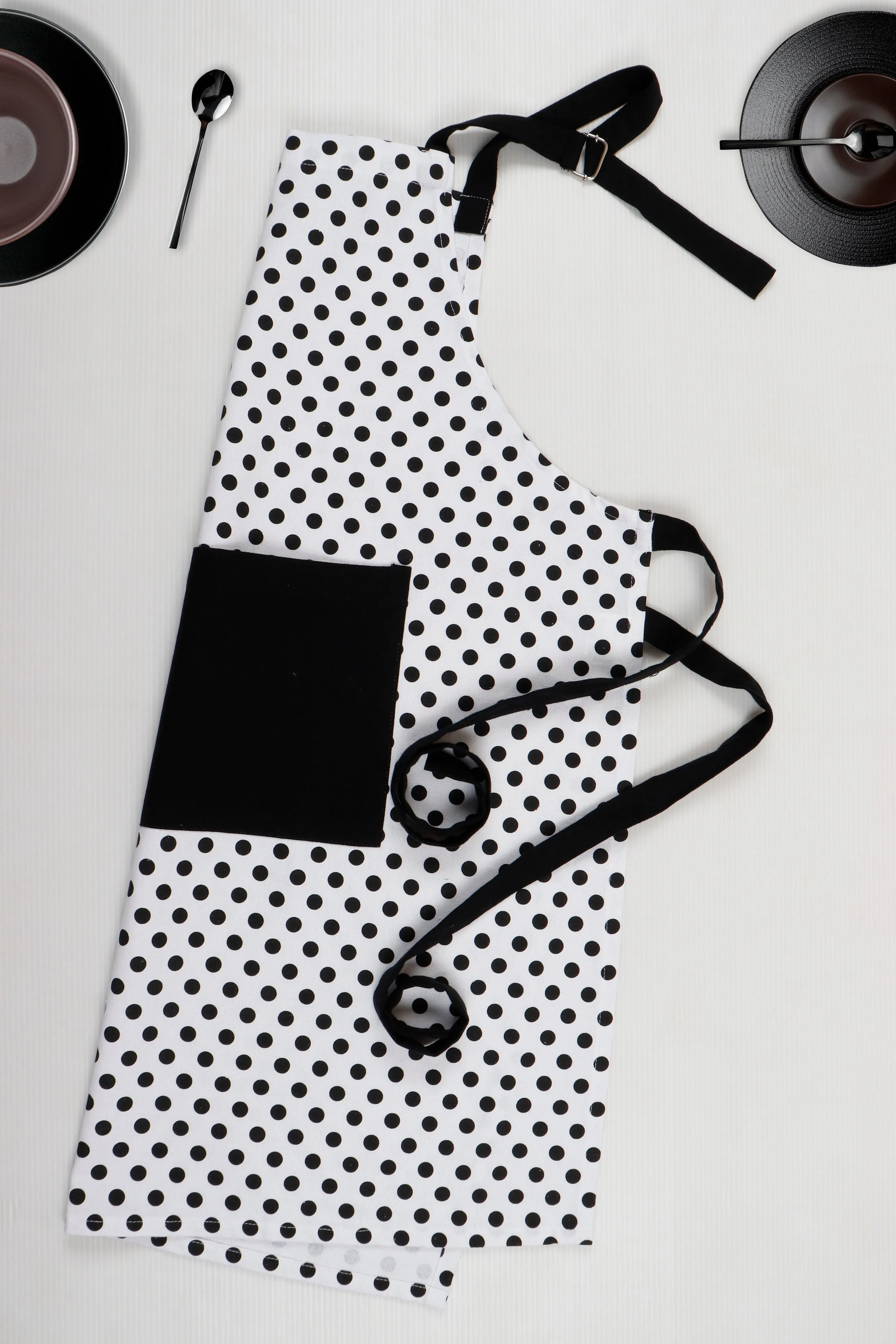 Cotton White Polka Dot With Solid Free Size Apron Pack Of 1