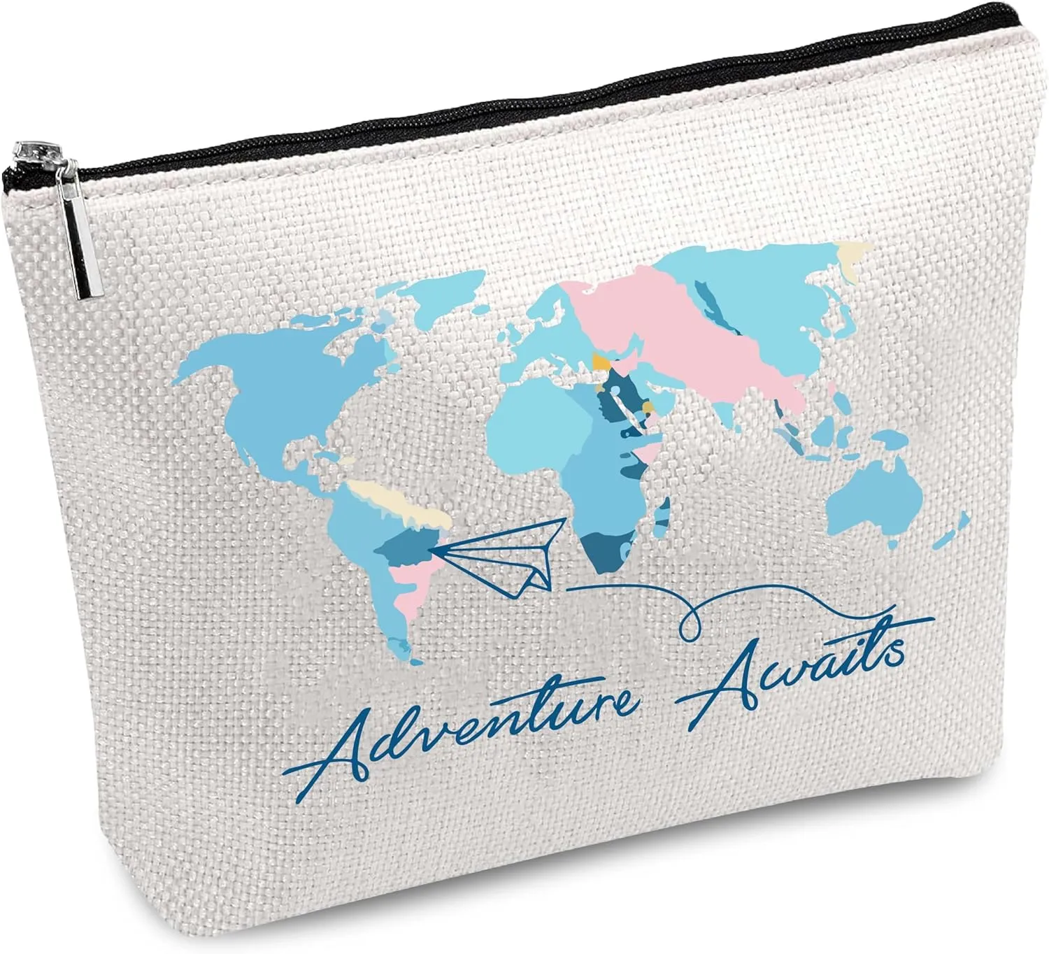 CREATCABIN World Map Canvas Makeup Bags Cosmetic Bag Multi Purpose Pen Case Iron on Transfe Metal Zipper Sublimation Blanks Bag Purse Pouches for Toiletry Travel 10 x 7Inch-Adventure Awaids