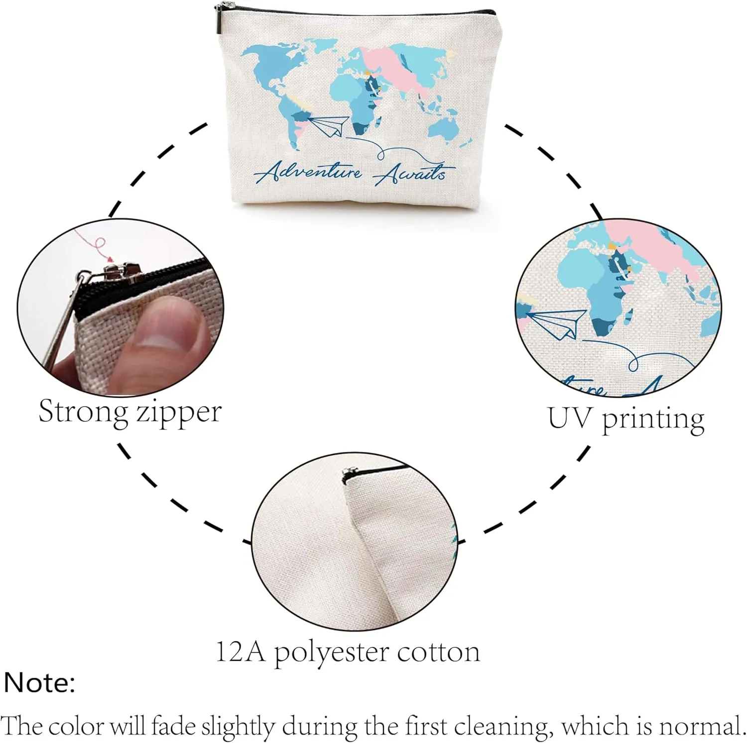 CREATCABIN World Map Canvas Makeup Bags Cosmetic Bag Multi Purpose Pen Case Iron on Transfe Metal Zipper Sublimation Blanks Bag Purse Pouches for Toiletry Travel 10 x 7Inch-Adventure Awaids
