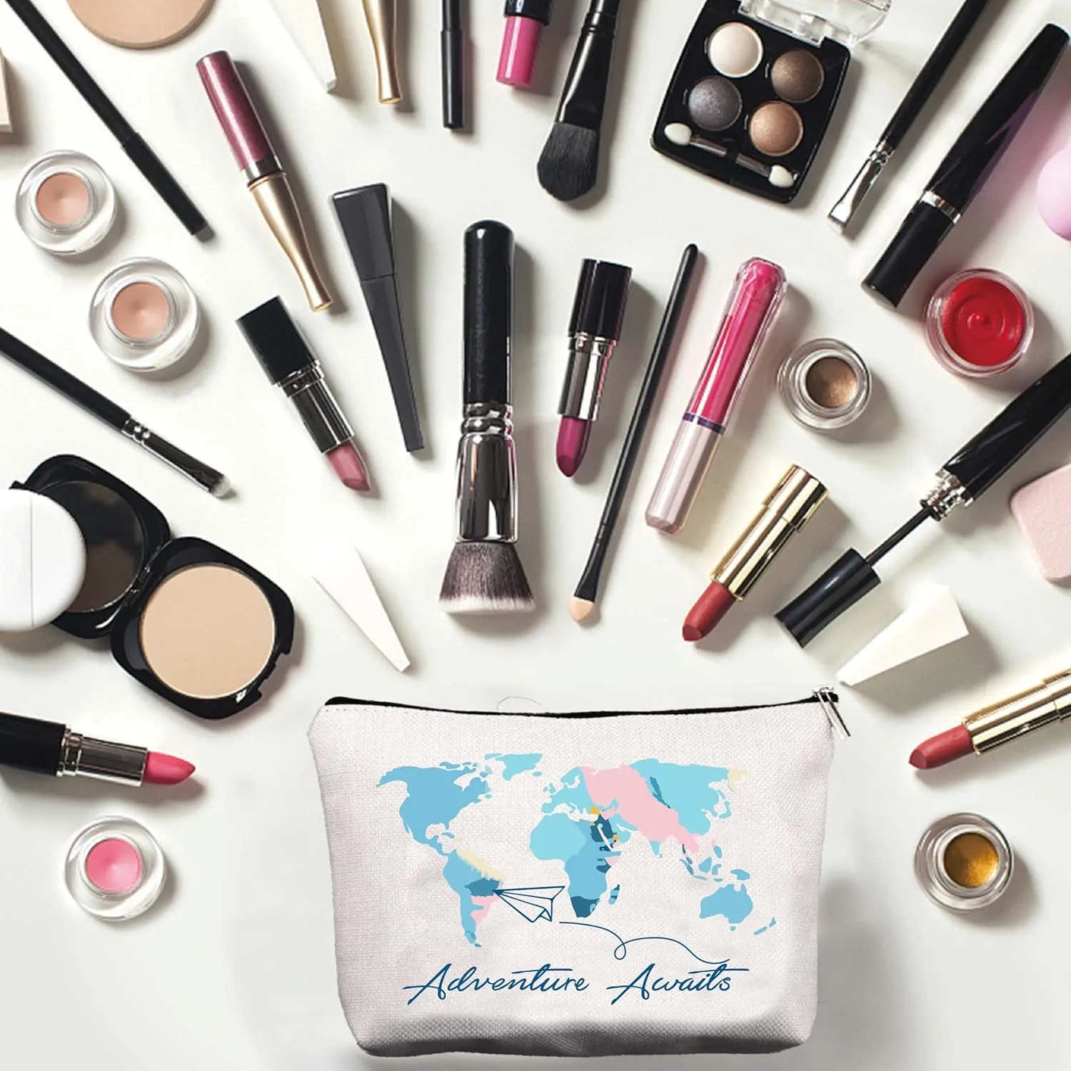 CREATCABIN World Map Canvas Makeup Bags Cosmetic Bag Multi Purpose Pen Case Iron on Transfe Metal Zipper Sublimation Blanks Bag Purse Pouches for Toiletry Travel 10 x 7Inch-Adventure Awaids