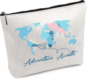 CREATCABIN World Map Canvas Makeup Bags Cosmetic Bag Multi Purpose Pen Case Iron on Transfe Metal Zipper Sublimation Blanks Bag Purse Pouches for Toiletry Travel 10 x 7Inch-Adventure Awaids