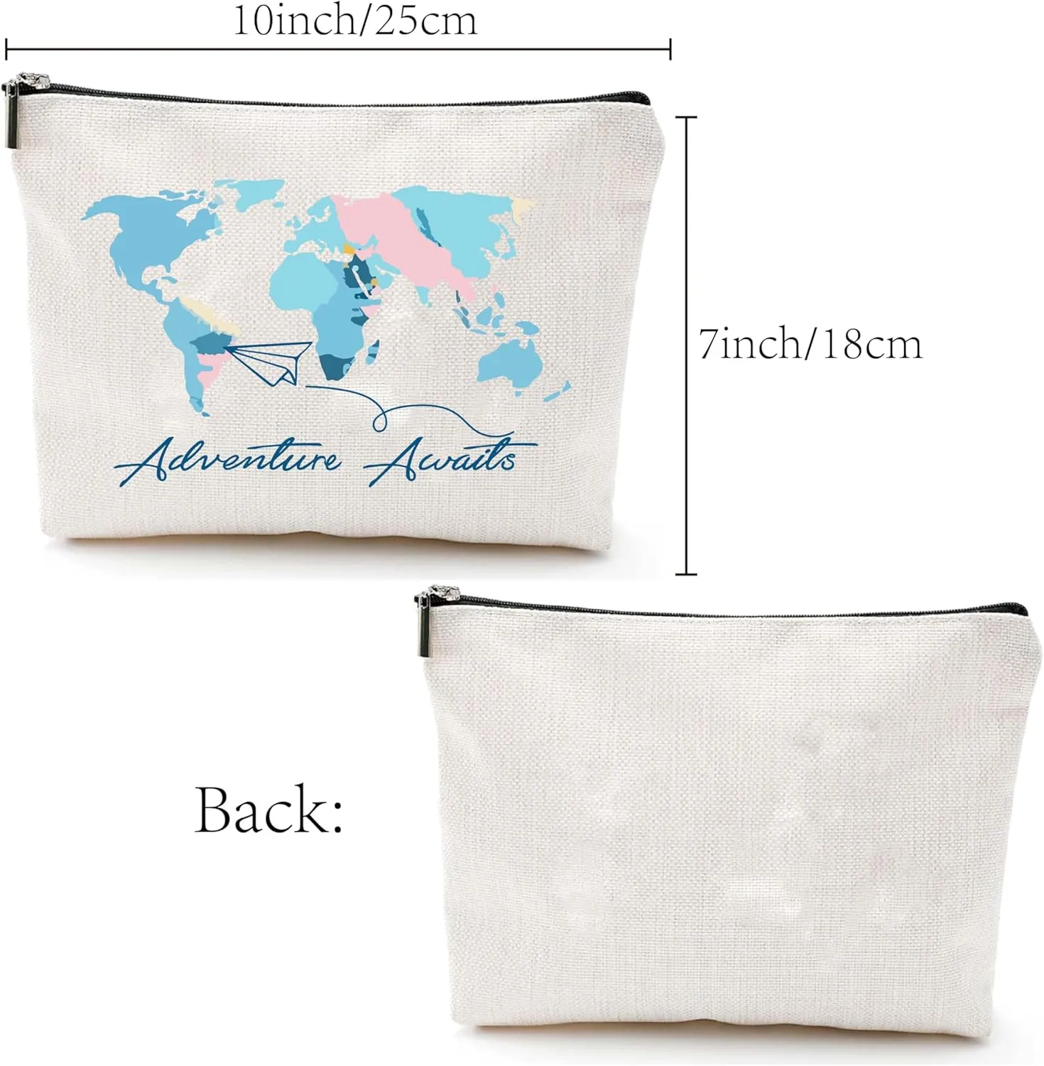 CREATCABIN World Map Canvas Makeup Bags Cosmetic Bag Multi Purpose Pen Case Iron on Transfe Metal Zipper Sublimation Blanks Bag Purse Pouches for Toiletry Travel 10 x 7Inch-Adventure Awaids