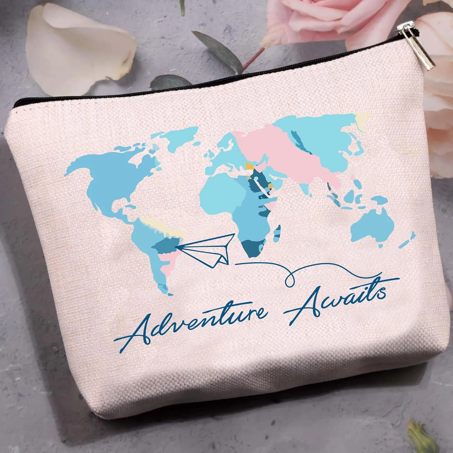 CREATCABIN World Map Canvas Makeup Bags Cosmetic Bag Multi Purpose Pen Case Iron on Transfe Metal Zipper Sublimation Blanks Bag Purse Pouches for Toiletry Travel 10 x 7Inch-Adventure Awaids