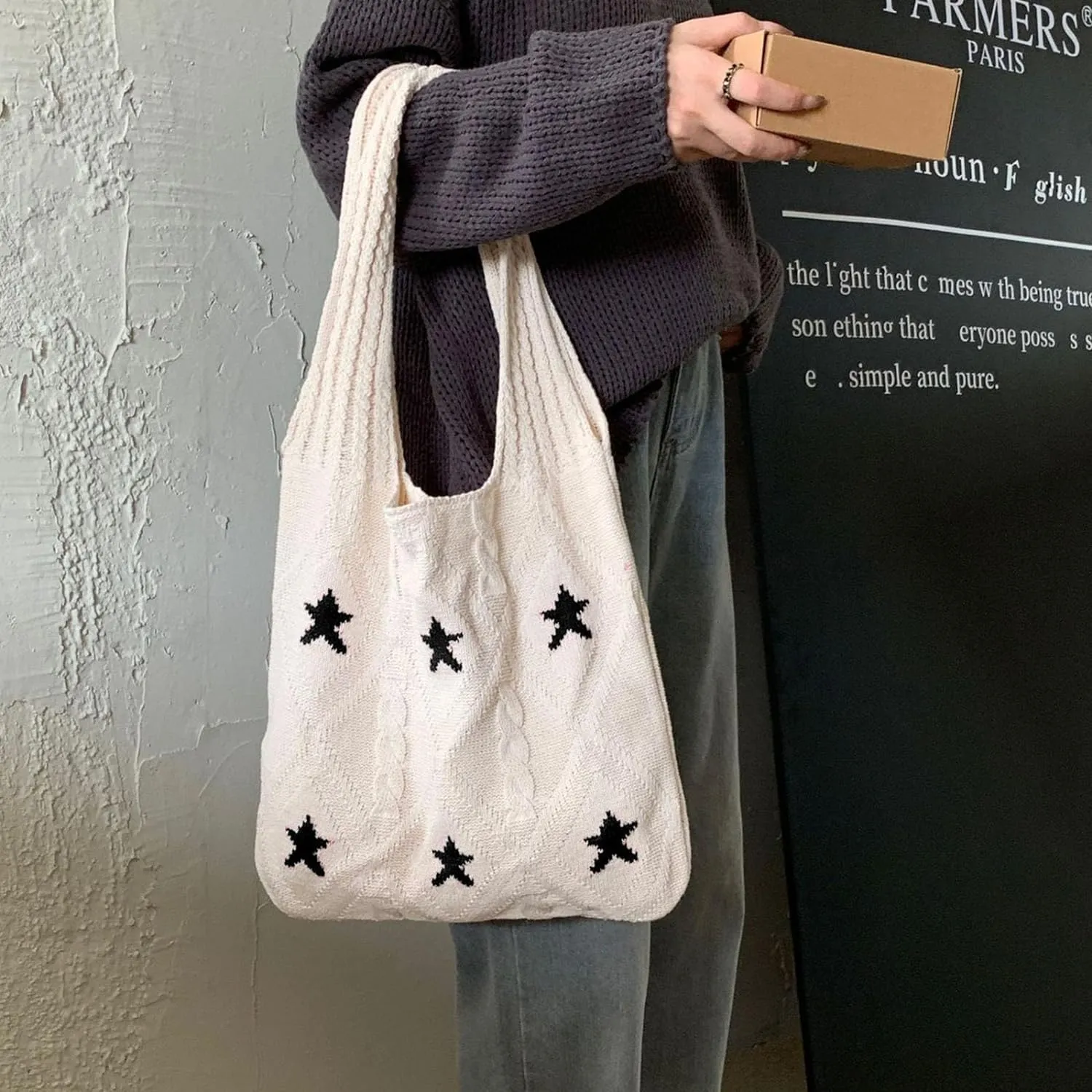 Crochet Tote Bag Y2k Aesthetic Accessories Grunge Hobo Bag Knit Star Bags Beach Purse Shoulder Handbags for Women