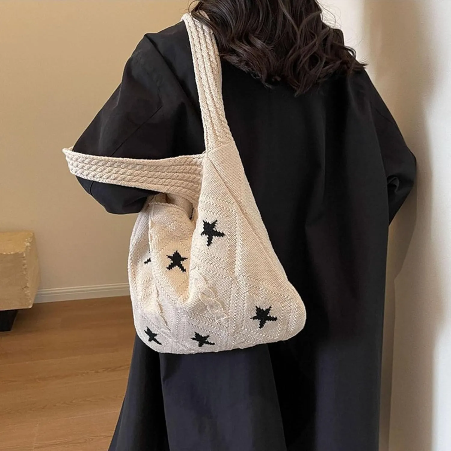 Crochet Tote Bag Y2k Aesthetic Accessories Grunge Hobo Bag Knit Star Bags Beach Purse Shoulder Handbags for Women