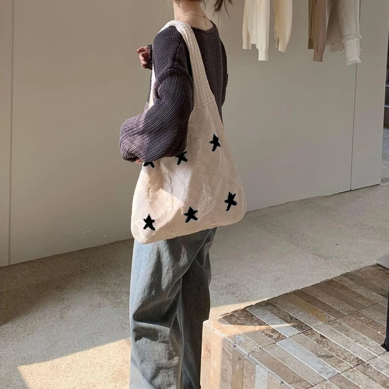 Crochet Tote Bag Y2k Aesthetic Accessories Grunge Hobo Bag Knit Star Bags Beach Purse Shoulder Handbags for Women