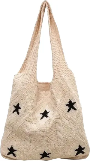 Crochet Tote Bag Y2k Aesthetic Accessories Grunge Hobo Bag Knit Star Bags Beach Purse Shoulder Handbags for Women