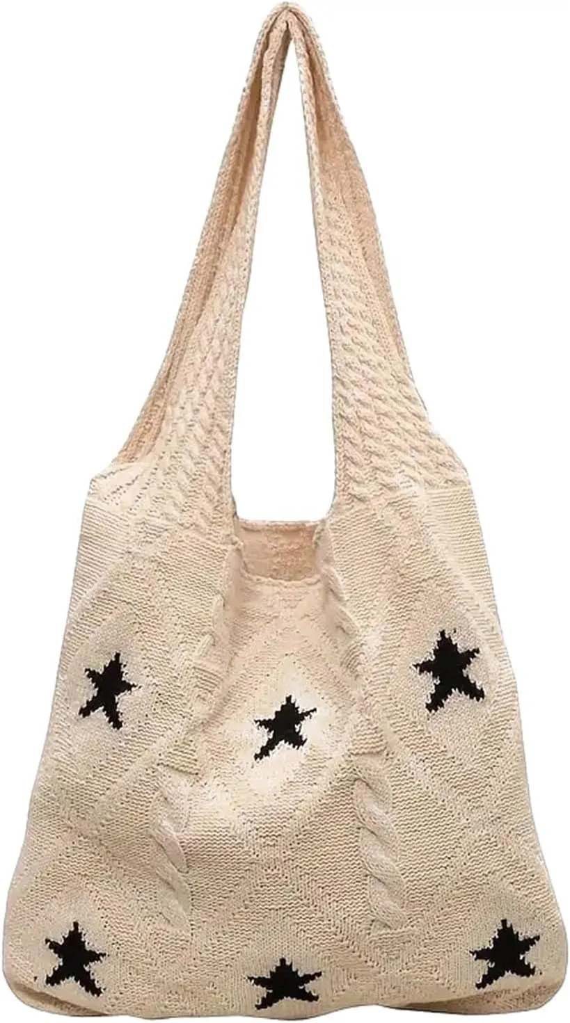 Crochet Tote Bag Y2k Aesthetic Accessories Grunge Hobo Bag Knit Star Bags Beach Purse Shoulder Handbags for Women