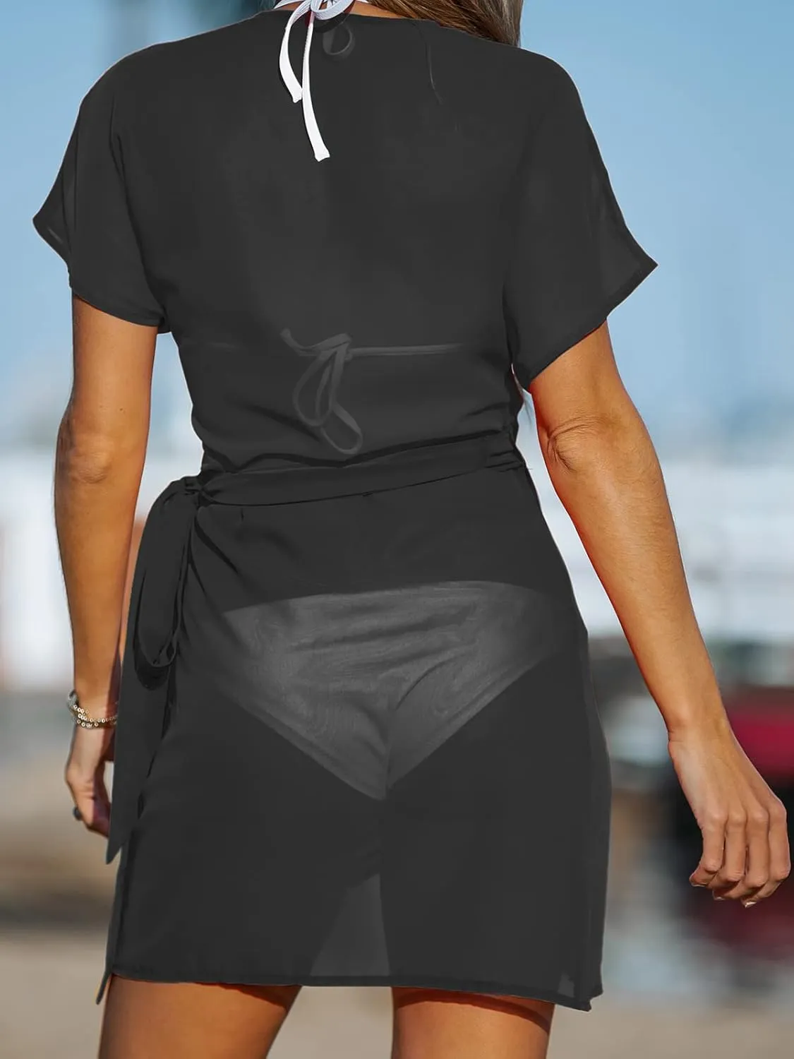 CUPSHE Women Bathing Suit Cover Up Sheer V Neck Short Sleeve Wrap Cover Ups for Swimwear