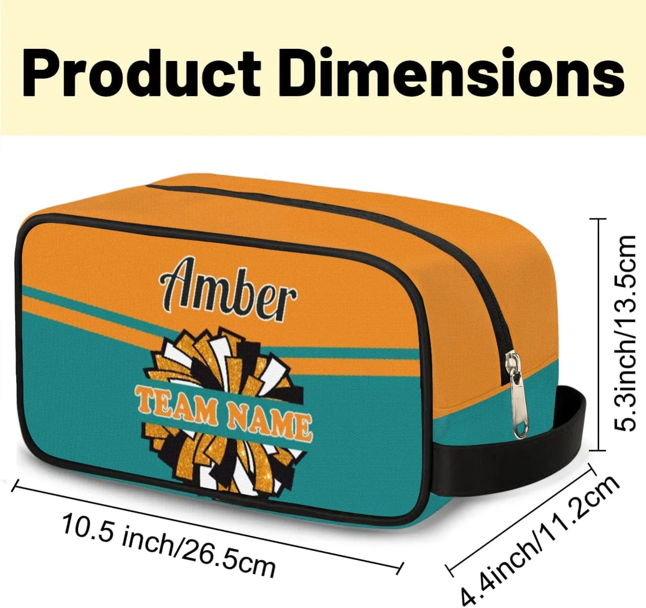 Custom Cheer Toiletry Bag, Personalized Name Makeup Bag Waterproof Toiletries Bag Travel Accessories Shaving Makeup Pouch, Orange Green