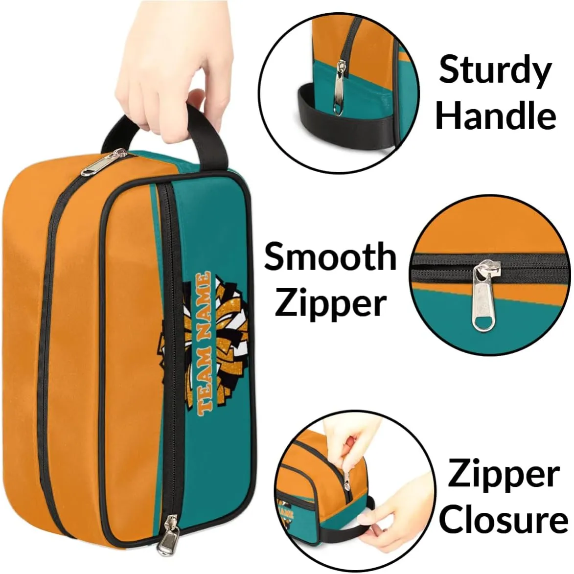 Custom Cheer Toiletry Bag, Personalized Name Makeup Bag Waterproof Toiletries Bag Travel Accessories Shaving Makeup Pouch, Orange Green