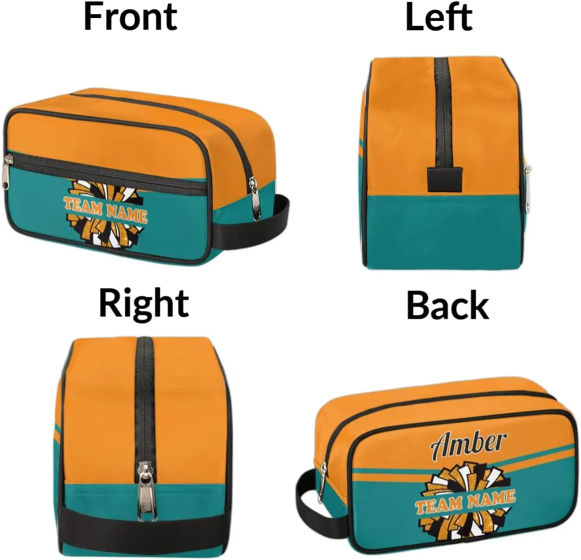 Custom Cheer Toiletry Bag, Personalized Name Makeup Bag Waterproof Toiletries Bag Travel Accessories Shaving Makeup Pouch, Orange Green