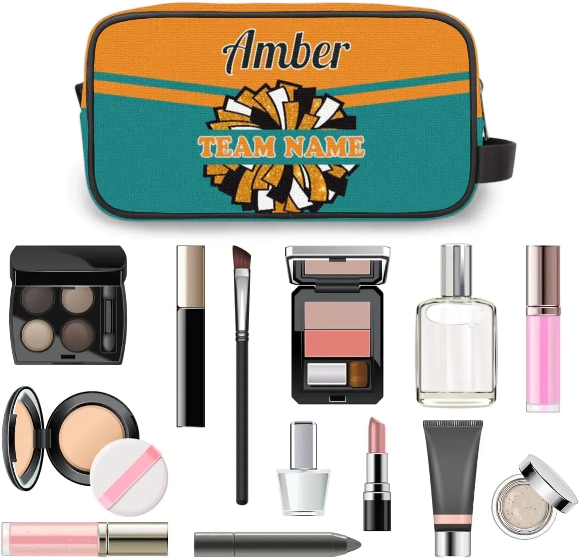 Custom Cheer Toiletry Bag, Personalized Name Makeup Bag Waterproof Toiletries Bag Travel Accessories Shaving Makeup Pouch, Orange Green