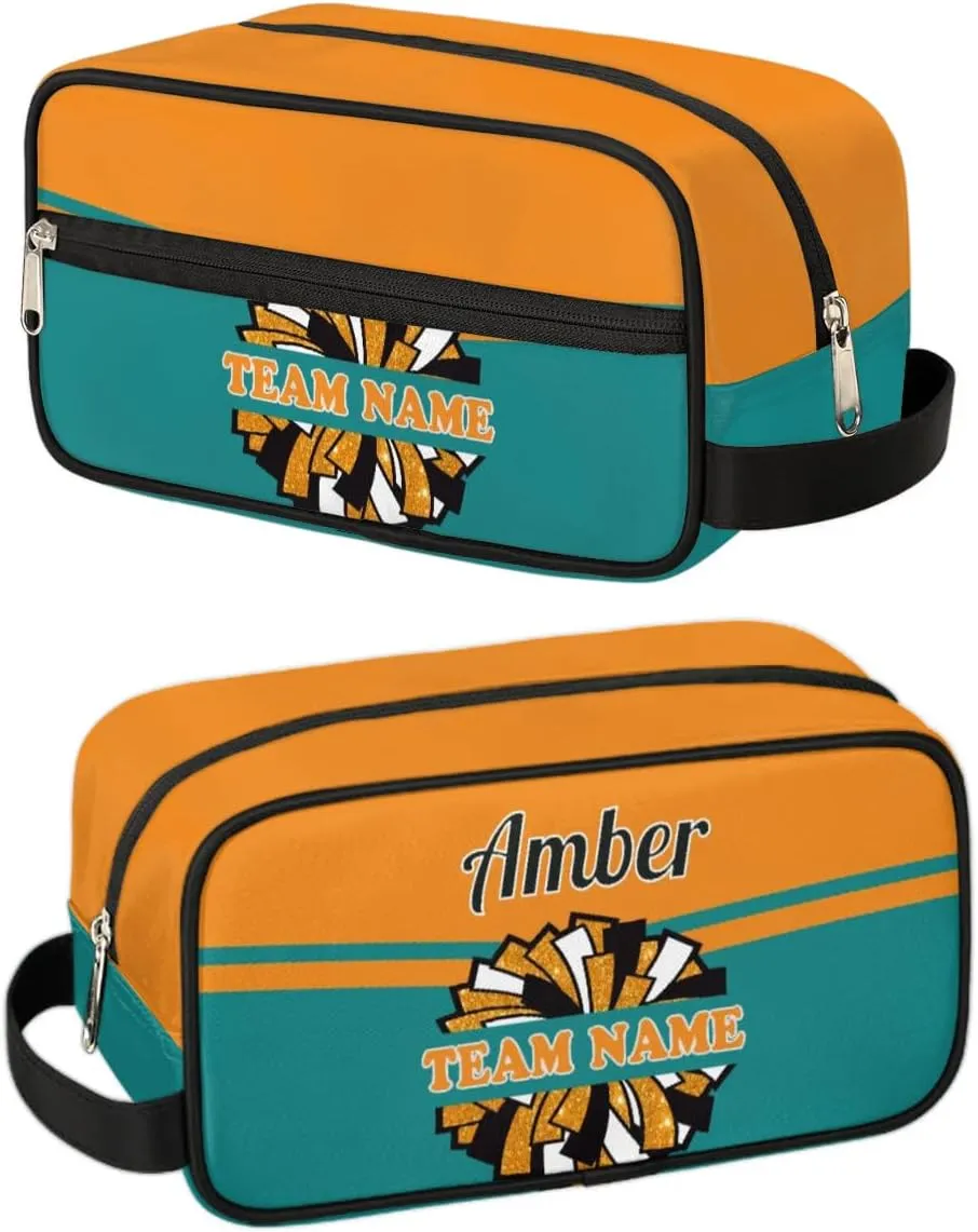 Custom Cheer Toiletry Bag, Personalized Name Makeup Bag Waterproof Toiletries Bag Travel Accessories Shaving Makeup Pouch, Orange Green
