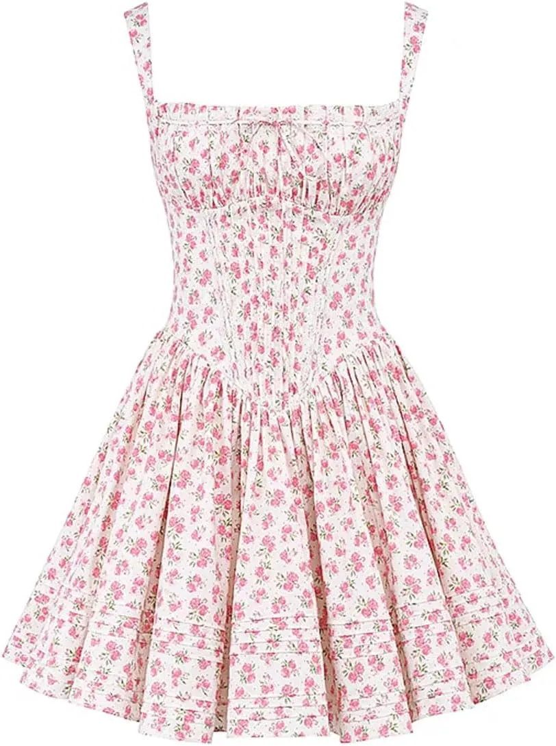 Cute Bow Swing Ruffle Hem Summer Mini Dress for Women Sweet High Waist Casual A Line Vacation Party Floral Dress