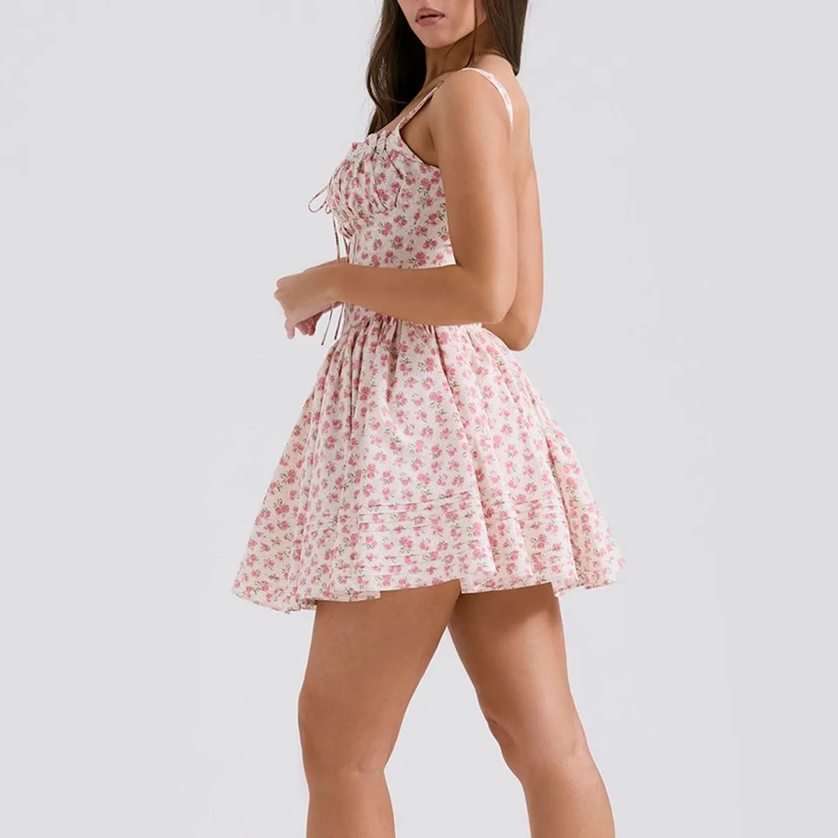 Cute Bow Swing Ruffle Hem Summer Mini Dress for Women Sweet High Waist Casual A Line Vacation Party Floral Dress