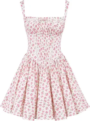Cute Bow Swing Ruffle Hem Summer Mini Dress for Women Sweet High Waist Casual A Line Vacation Party Floral Dress