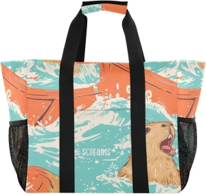 Cute Cartoon Capybara Large Beach Bags for Women & Men,Waterproof Sandproof Beach Tote Swim Pool Bag for Pool Gym Grocery Travel