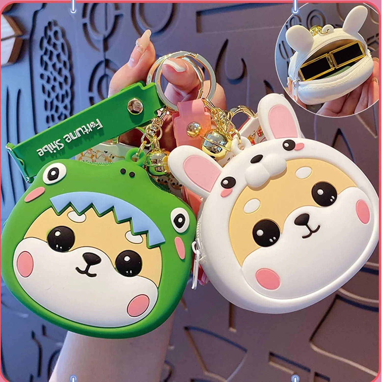 Cute Coin Purse Wristlet Keychain, Silicone Shiba Inu Wallet Key Handbag Accessories Keyring for Kids Girls Women
