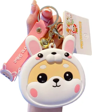 Cute Coin Purse Wristlet Keychain, Silicone Shiba Inu Wallet Key Handbag Accessories Keyring for Kids Girls Women