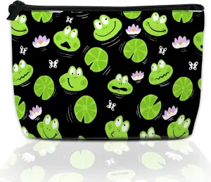 Cute Green Frogs Makeup Bag with Butterflies and Water Lilies, Cosmetic Bag for Women, Waterproof Large Capacity Travel Organizer 9.55.9 Inch