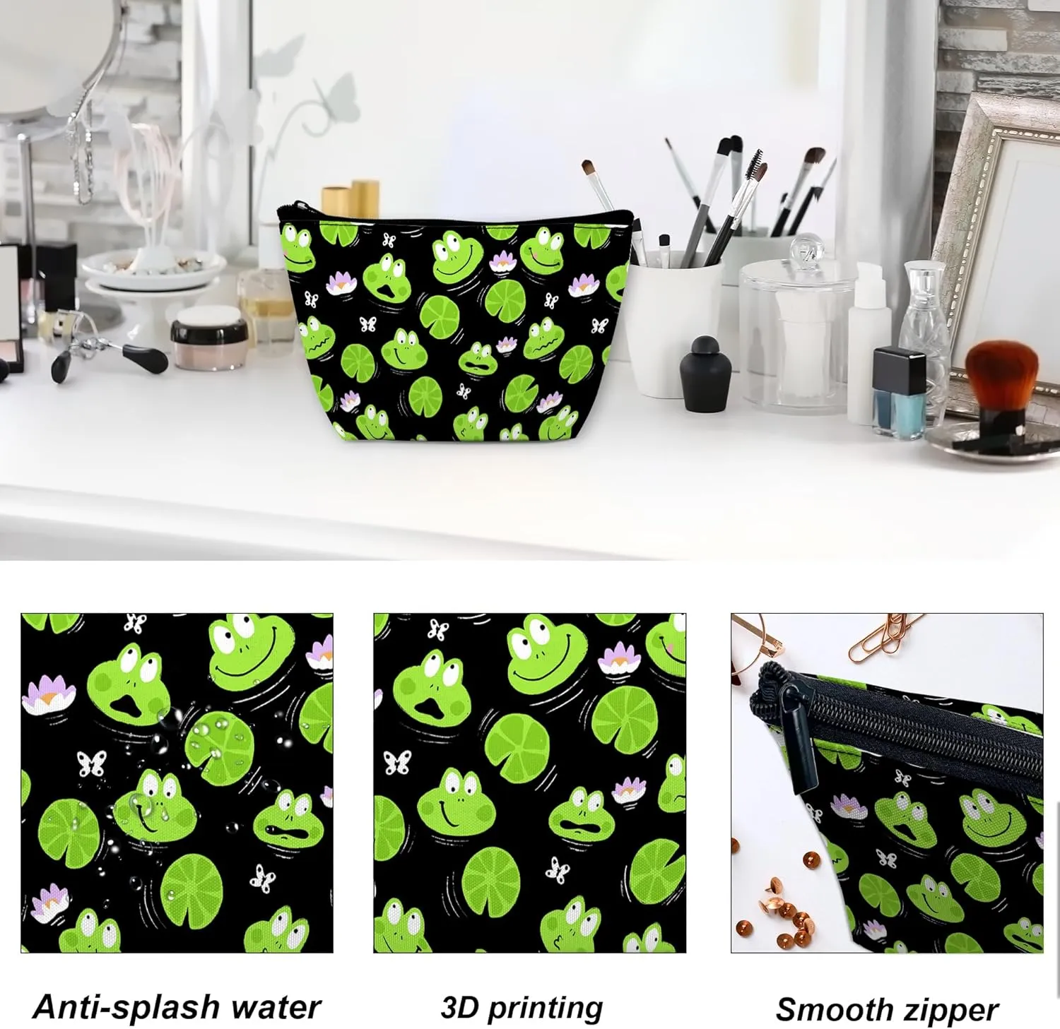 Cute Green Frogs Makeup Bag with Butterflies and Water Lilies, Cosmetic Bag for Women, Waterproof Large Capacity Travel Organizer 9.55.9 Inch