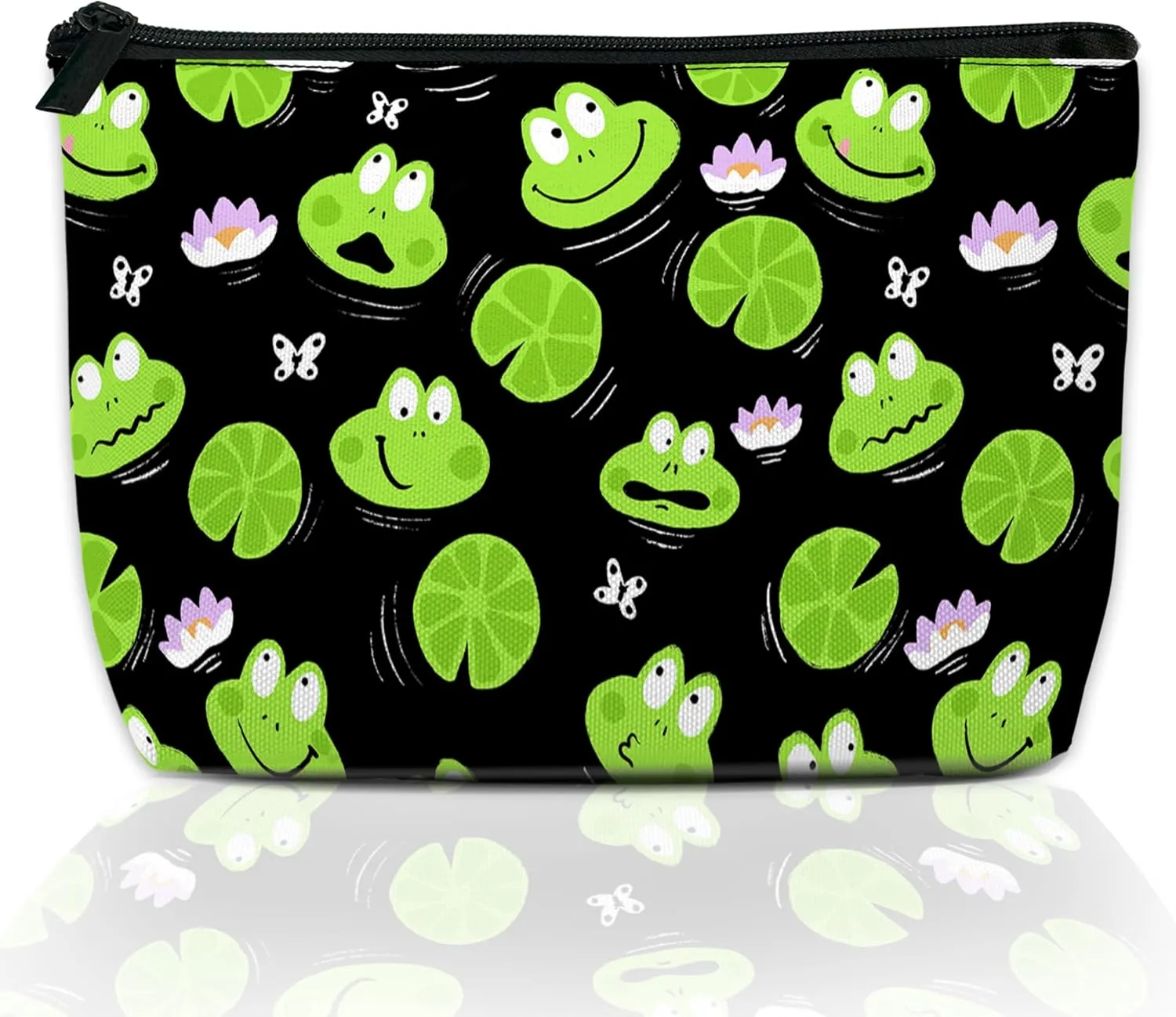 Cute Green Frogs Makeup Bag with Butterflies and Water Lilies, Cosmetic Bag for Women, Waterproof Large Capacity Travel Organizer 9.55.9 Inch