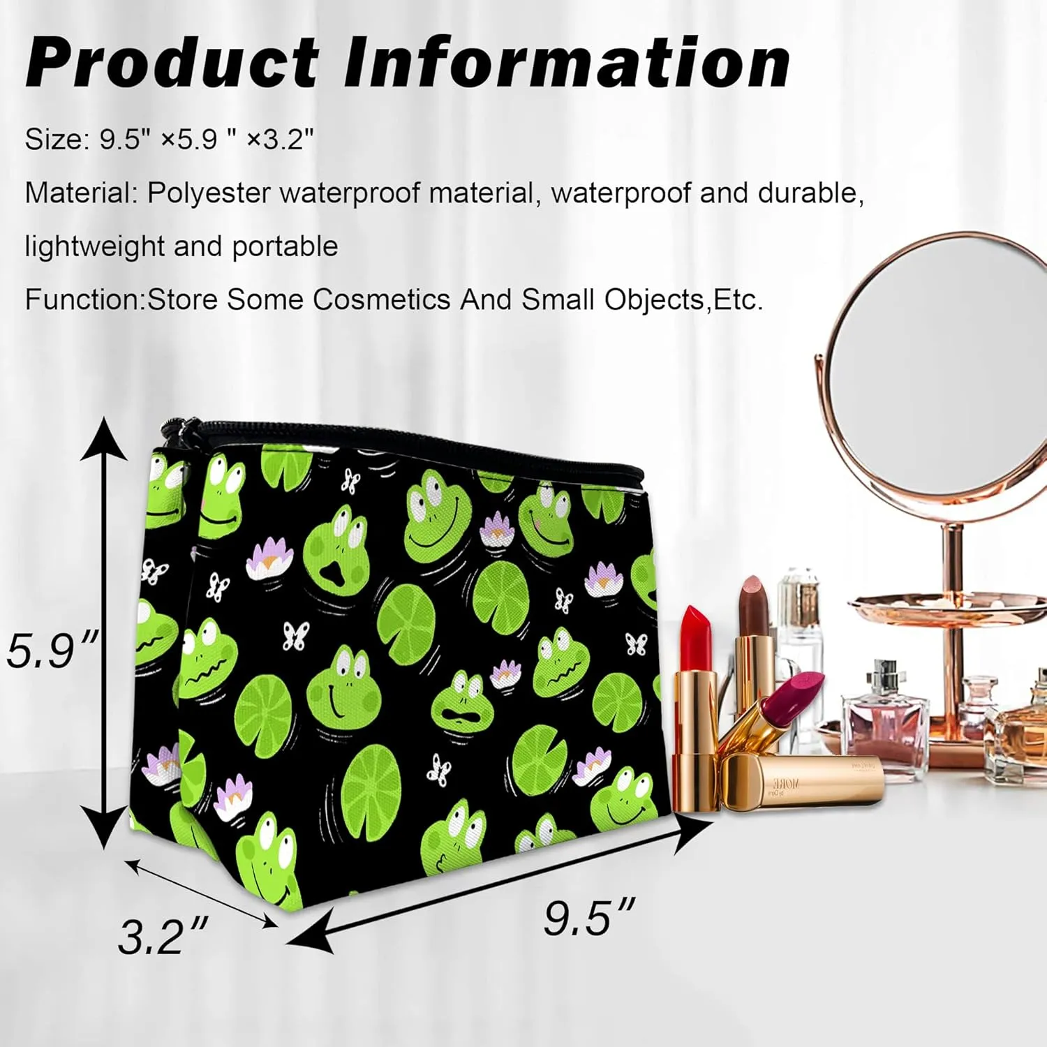 Cute Green Frogs Makeup Bag with Butterflies and Water Lilies, Cosmetic Bag for Women, Waterproof Large Capacity Travel Organizer 9.55.9 Inch